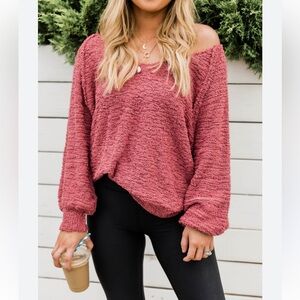 Pink Lily Red V-Neck Sweater with Relaxed Fit